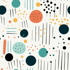 Peut inclure: Motif abstrait sans couture avec des cercles, des points et des lignes noirs, blancs, turquoise, orange et jaunes sur un fond blanc.