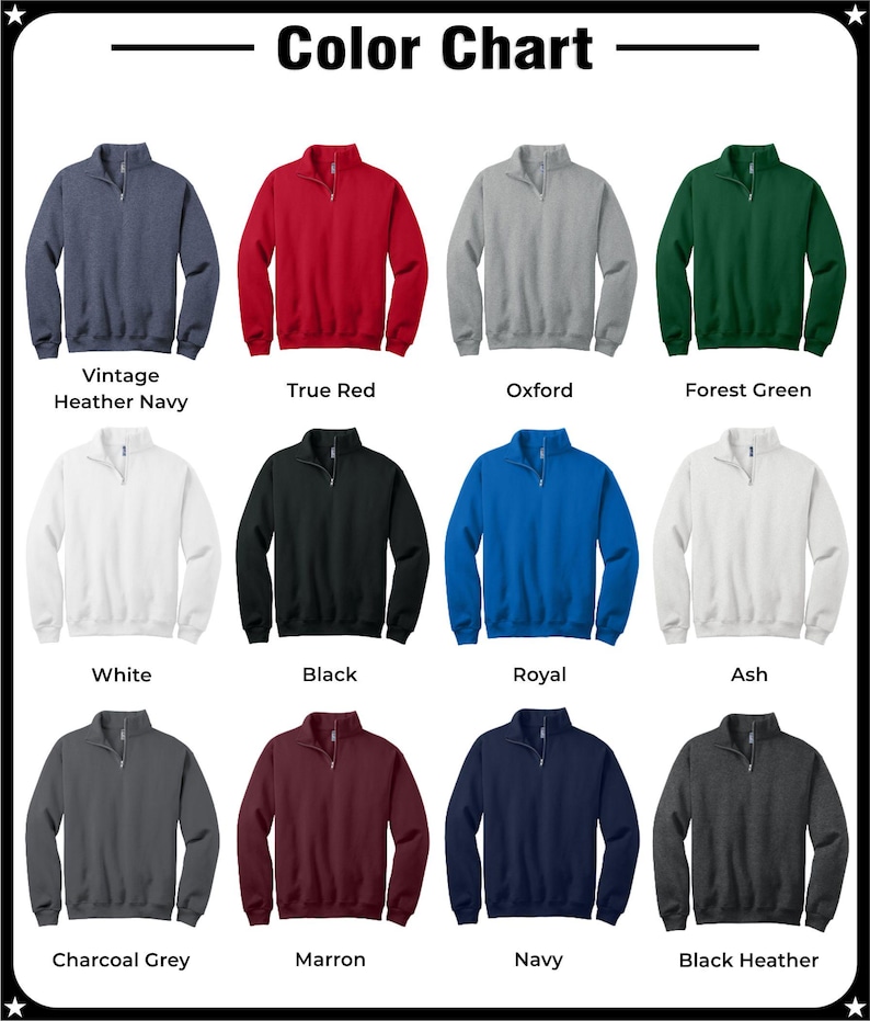 Pu&ograve; includere: Tabella colori che mostra 12 colori diversi di una felpa con zip a un quarto. I colori sono: Blu navy melange vintage, rosso vero, Oxford, verde bosco, bianco, nero, blu reale, cenere, grigio antracite, marrone, blu navy e nero melange.