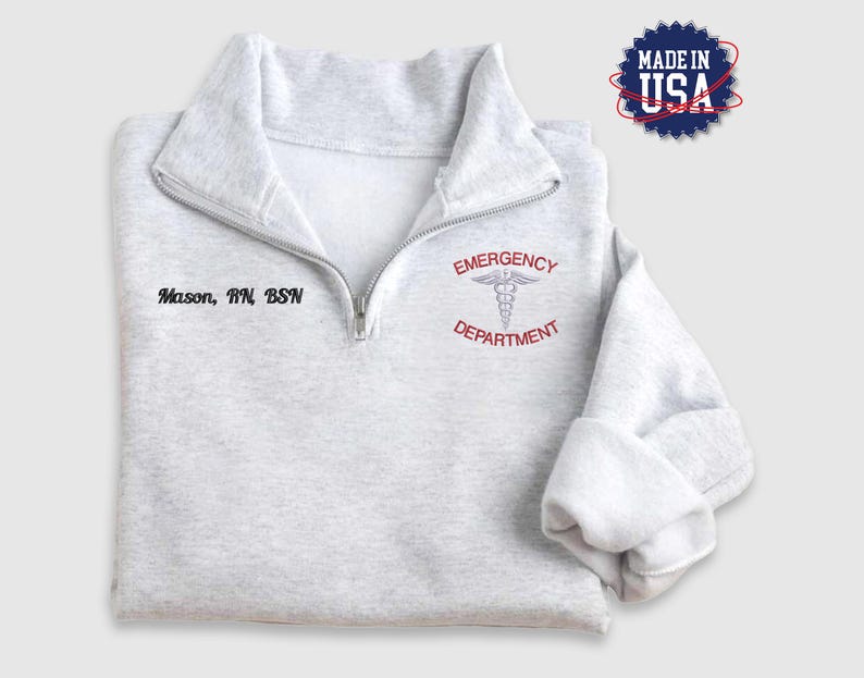 Embroidered Emergency Department Sweatshirt, Nurse Quarter Zip Sweatshirt, Personalized Name Nursing Jacket, Pullover Jacket for ER Nurse