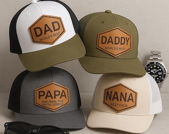 Personalized Dad Hat, Custom Engraved Name Hat, Father's Day Dad Hat, Leather Patch Trucker Hat, Custom New Dad Hat, Birthday Gift for Daddy