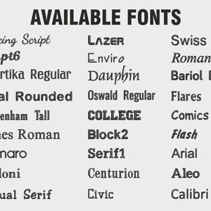 Pu&ograve; includere: Un elenco di font disponibili, tra cui Dancing Script, Script6, Artartika Regular, Arial Rounded, Cheltenham Tall, Times Roman, Camaro, Bodoni, Casual Serif, LAZER, Enviro, Dauphin, Oswald Regular, COLLEGE, Block2, Serif1, Centurion, Civic, Swiss, Roman, Bariol Bold, Flares, Comics, Flash, Arial, Aleo e Calibri.