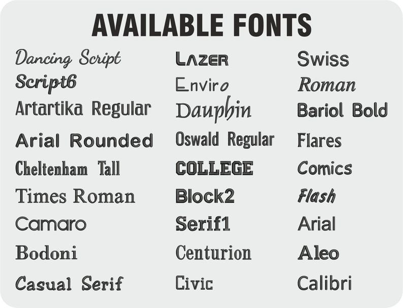 Pu&ograve; includere: Un elenco di font disponibili, tra cui Dancing Script, Script6, Artartika Regular, Arial Rounded, Cheltenham Tall, Times Roman, Camaro, Bodoni, Casual Serif, LAZER, Enviro, Dauphin, Oswald Regular, COLLEGE, Block2, Serif1, Centurion, Civic, Swiss, Roman, Bariol Bold, Flares, Comics, Flash, Arial, Aleo e Calibri.