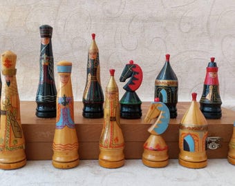 Wooden chess set large, Handmade chess pieces, souvenir chess set in military style. USSR gift
