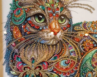 Kitty, cat, wall decor. Handmade. Diamond mosaic, picture. Rhinestones, beads. Personalized gift.