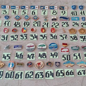 Può includere: Una collezione di spille e distintivi vintage, ognuno con design e colori unici. Le spille sono disposte su schede numerate, mostrando una varietà di forme, tra cui scudi, aerei ed emblemi circolari. La collezione include spille con accenti rossi, blu e oro.