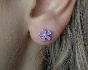 Orecchini in argento sterling con fiore viola: borchie in zircone