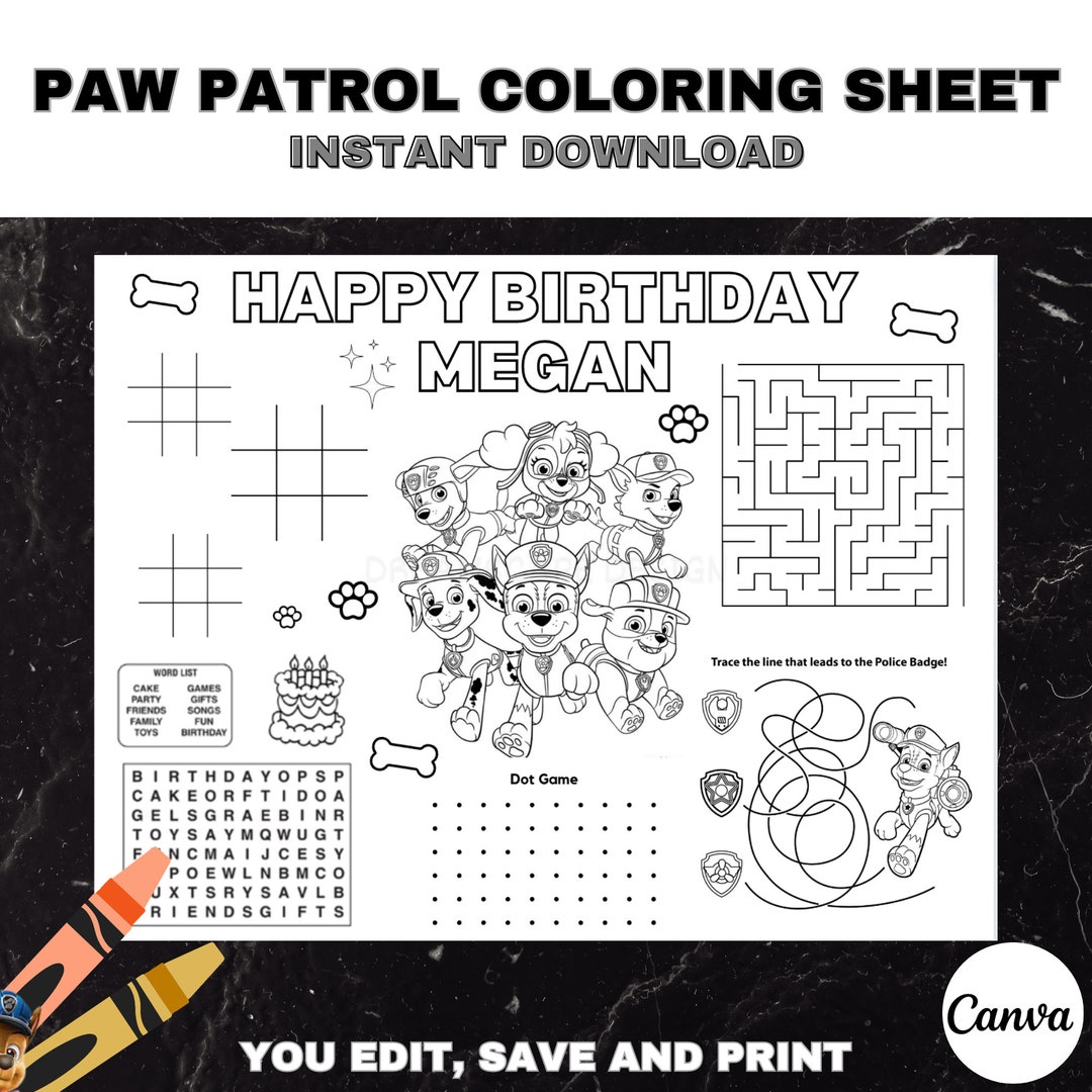 Editable Paw Patrol Birthday Coloring Activity Sheet Paw Etsy