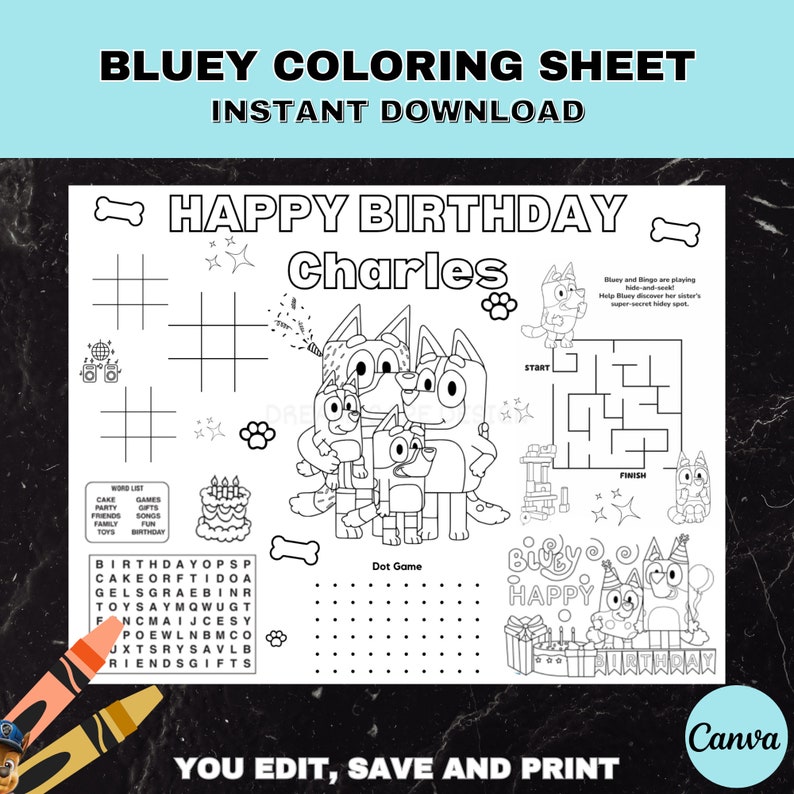 Editable Bluey Birthday Coloring Activity Sheet Blue Dog - Etsy