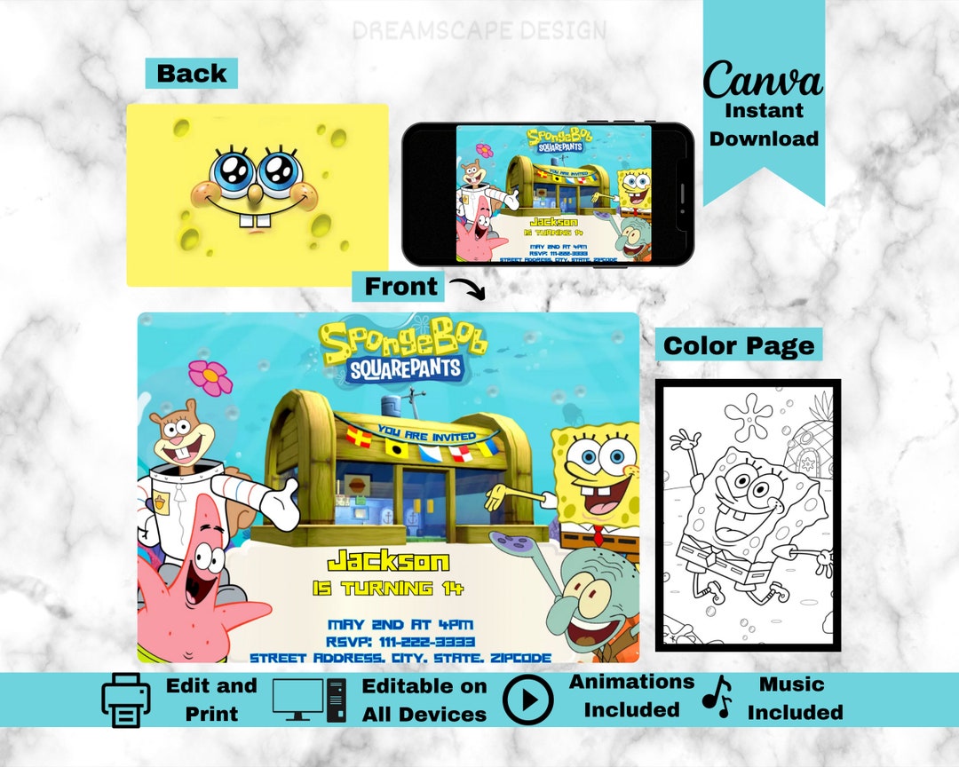 Custom Spongebob Invitation Printable Spongebob Squarepants - Etsy