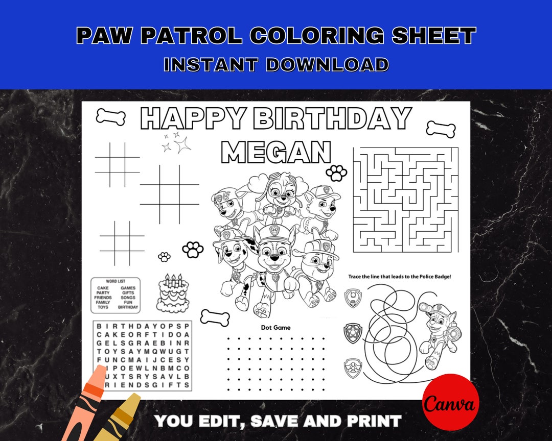 Editable Paw Patrol Coloring Activity Sheet Police Patrol Etsy