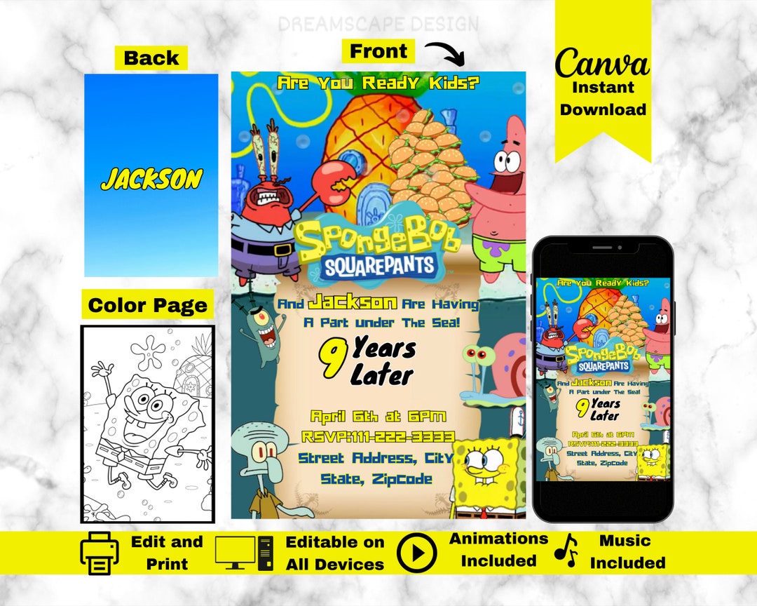 Editable Spongebob Birthday Party Invitation Printable Etsy