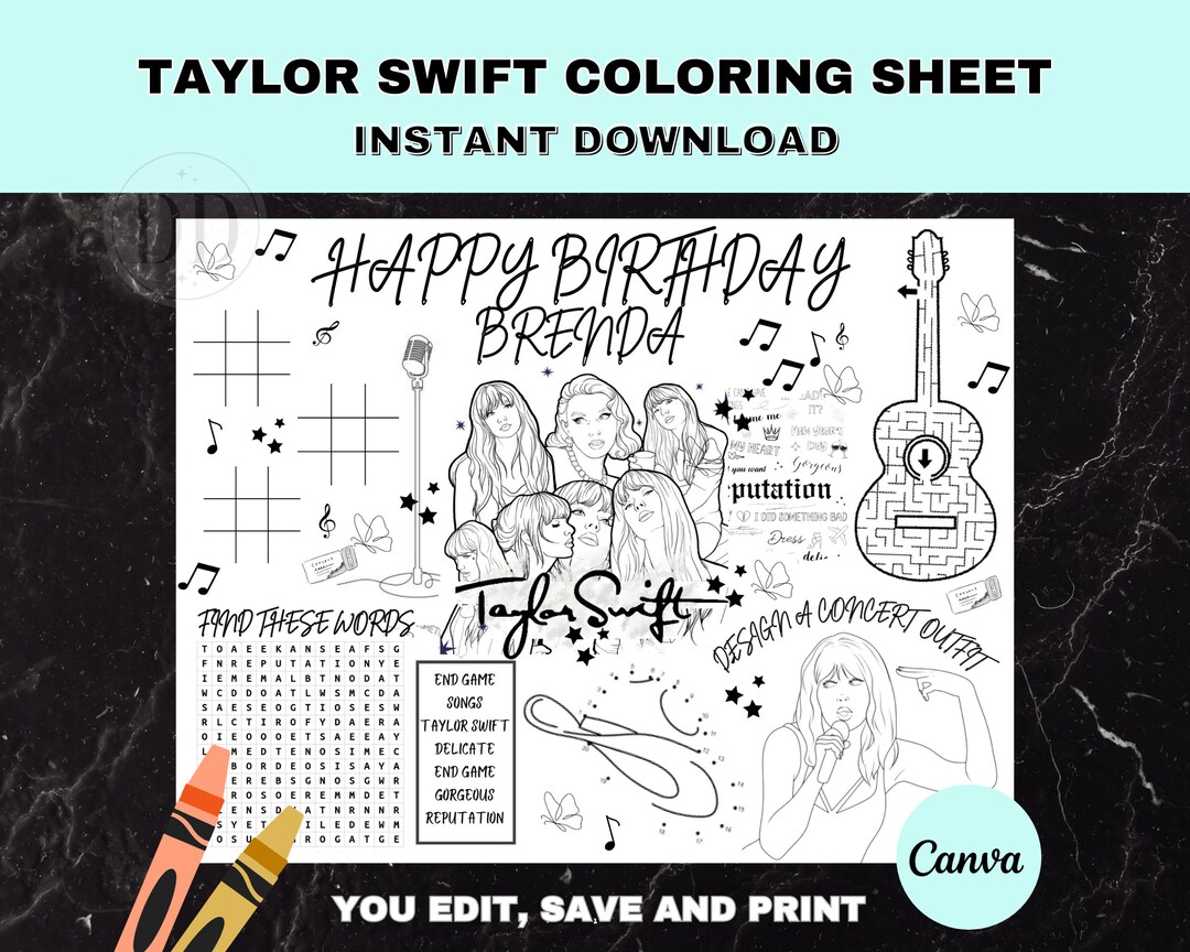 Editable Taylor Swift Coloring Activity Sheet Swifty - Etsy