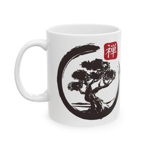 Japanese Bonsai Tree Ink Art Ceramic Mug, Asian Tea Cup, Zen Coffee Mug, Nature Lover Gift, Unique Pottery Cup, Oriental Decor