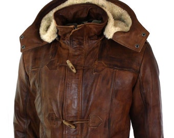 Duffle-coat marron fait main pour homme, trench à capuche longue veste en cuir de mouton véritable pour toutes les saisons