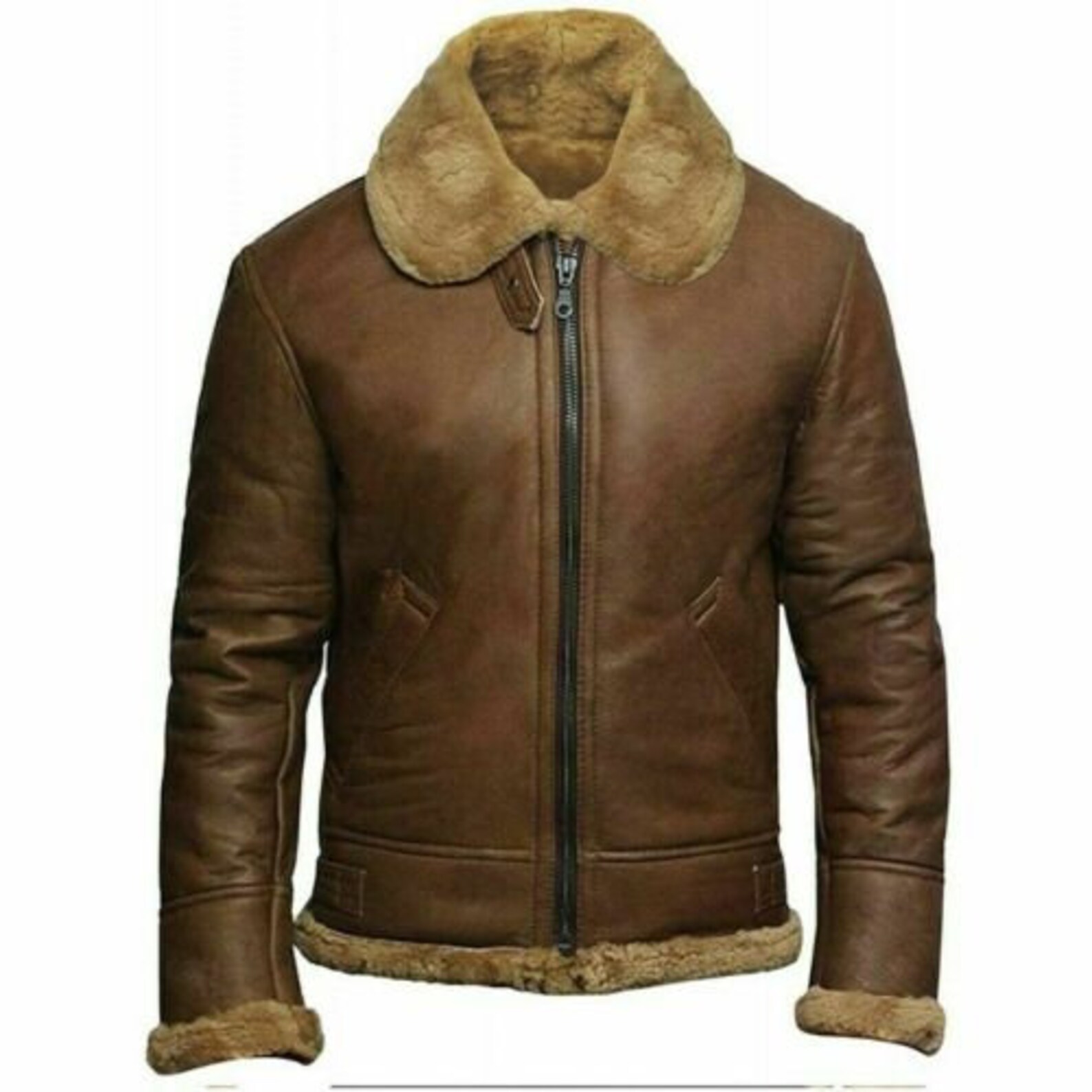 Mens Handmade RAF B3 Winter Fur Coat Brown Leather Sheepskin Bomber ...