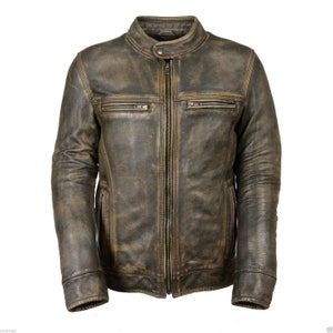 Blouson motard fait main pour homme en cuir marron effet vieilli Cafe Racer pour toutes les saisons