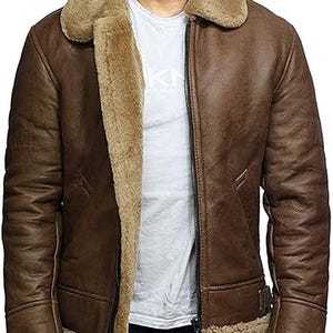 Abrigo de piel de invierno RAF B3 – Chaqueta bomber de aviador de piel de oveja marrón para hombre