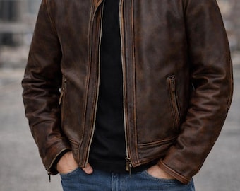 Men’s Vintage Distressed Cowhide Leather Biker Jacket – Handmade Motorcycle Coat