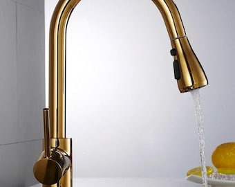 Gold Pull Down Kitchen Faucet, Brushed Brass Sink Tap, Modern Single Handle Fixture