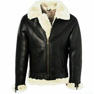 Veste en cuir B3 en fourrure noire faite main pour homme en peau de mouton véritable B3 en fourrure d'aviateur pour l'hiver