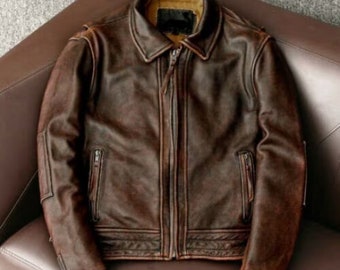 Handgefertigte Herren-Motorrad-Rindsleder-Echtlederjacke im Used-Look, gewachste braune Jacke für Biker