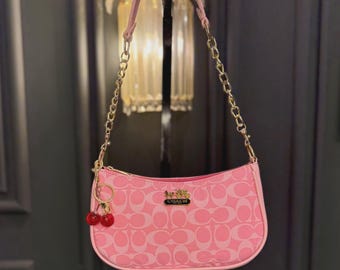 Coach Teri Hobo Bag Khaki Canvas, Convertible Shoulder Crossbody, Silver Hardware, Cherry Charm