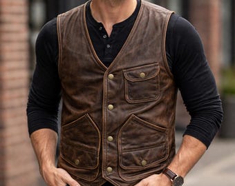 Men’s Vintage Brown Leather Biker Vest Genuine Real Leather Casual Outerwear