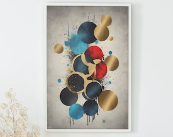 Abstract Painting With Gold, Blue, and Red Circles Wall Decor ,Digital wall art , Printable wall art , Download digital art