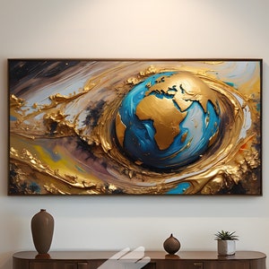 Abstrakte Erde in Gold, digitaler Download - moderne Weltkarte, Globus, Wandbild, elegante blaue & goldene Erde, Druckbare Kunst für Home-Office