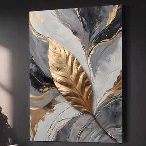 Golden Leaf Abstract Art Printable, Elegant Modern Digital Download for Home or Office Decor, Luxe Marble and Gold Accent Wall Art