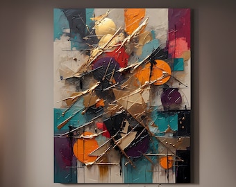 May include: Abstract painting with geometric shapes and splashes of color, including gold, orange, purple, turquoise, and black. The painting is hanging on a wall in a modern living room with a white couch and a coffee table.