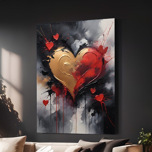 Passionate Heart, Red and Gold Acrylic on Black, Modern Abstract Wall Art, Home Decor | Digital PRINTABLE | Instant Download | Artwork