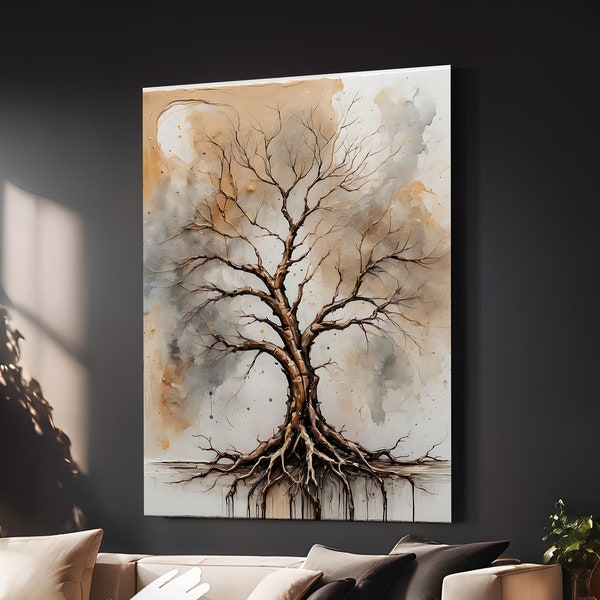 Extra Large Abstract Tree Artwork in Gold and Brown Tones as Modern Home Decor, Abstract Art, Painting, Digital Print, Modern Painting,