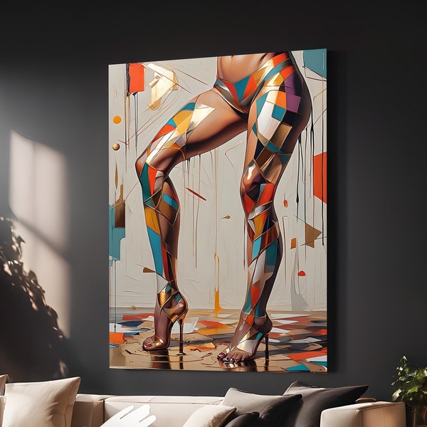 Colorful Abstract Female Legs Form in Gold High Heels - Contemporary Wall Art, Printable Wall Art, Painting Digital Print, Digital Download