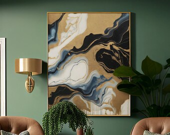 Blue and Gold Marbled Wall Art: Modern Abstract Painting (Digital Download)