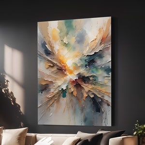 May include: Abstract painting with a burst of colors, including yellow, orange, blue, and green, on a canvas. The painting is hanging on a dark gray wall in a living room setting with a white couch and plants.