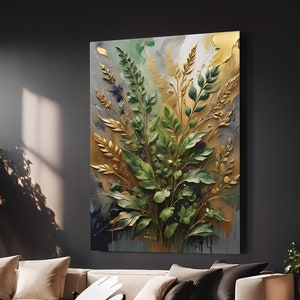 Abstract Botanical Art Print: Golden Emerald Hues (Digital Download)