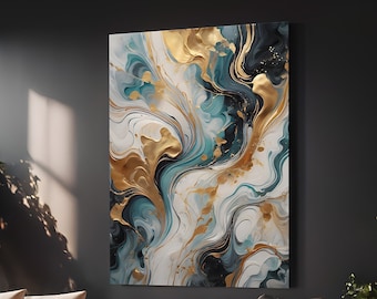 Gold and Teal Swirling Abstract Wall Art: Extra Large Printable (Digital Download)