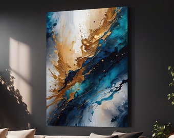 Large Abstract printable art, Blue and gold, Large Wall Art, Indigo Blue Art, Abstract painting instant download art, Wall Art Masterpiece