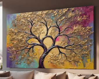 Lámina artística abstracta de árbol dorado: Decoración de pared extragrande (descarga digital)