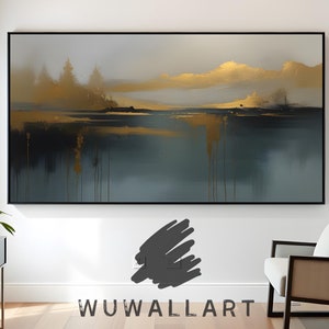Abstract Golden Landscape, Modern Digital Art Download Minimalist Gold and Blue Wall Decor Elegant Nature-Inspired Painting Instant Download