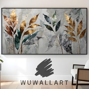 Modern Metallic Botanical Art, Digital Download Leaf Print, Minimalist Gold and Green Wall Decor, Abstract Foliage Artwork, Instant Download