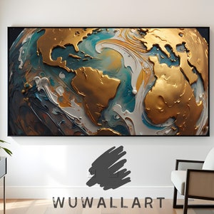 Goldene abstrakte digitale Kunst der Erde, Weltkarte, Wand Kunst Poster, Global Art Instant Download, texturierte Planet Dekor für Haus oder Büro