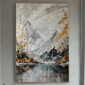 Mountain Landscape Art Print - Modern Digital Download, Golden Accents, Contemporary Nature Wall Art, Abstract Mountainscape, Home Decor