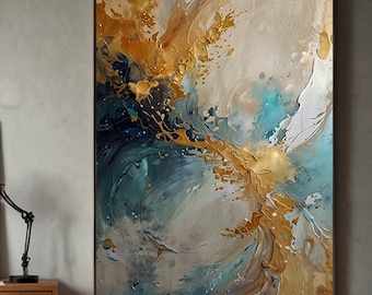 Gold and Blue Abstract Art Print: Modern Fluid Swirl (Digital Download)