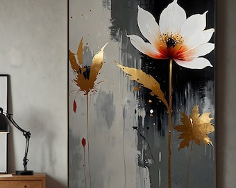 Art floral blanc, accent doré : impression florale moderne (téléchargement numérique)