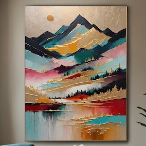 Vibrant Mountain Landscape Art – Gold, Teal, and Sunset Colors, Abstract Nature Digital Download for Home Wall Decor