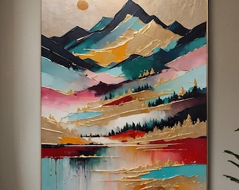Abstract Mountain Landscape Art: Gold, Teal, Sunset Colors (Digital Download)