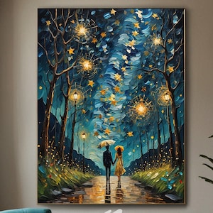 Romantic Couple Under Starry Night Art, Digital Download, Whimsical Painting, Starry Sky Wall Art Love Story Illustration Fantasy Wall Decor