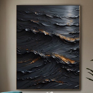 Dark Abstract Waves Digital Art - Textured Black and Gold Modern Wall ...